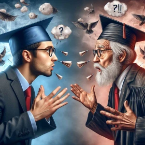an argument between an uneducated man and an educated, smart man, who have stopped listening to one another
