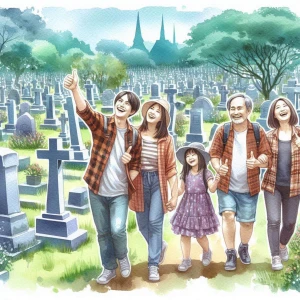 A water Lolor type painting of people happily strolling through a graveyard, smiling and giving thumbs up signal
